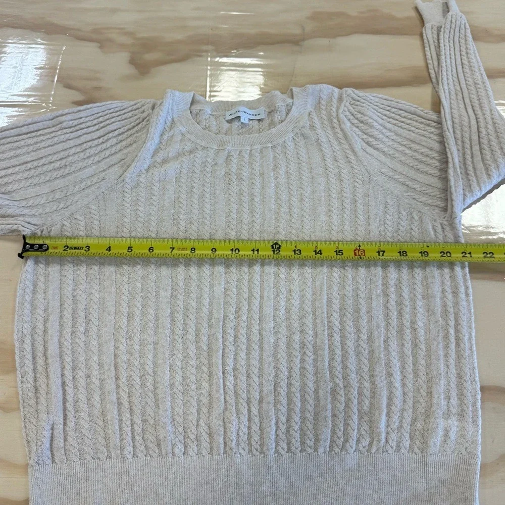 White + Warren Knit Lightweight Linen Blend Beige Cable Knit Crew Neck Sweater L